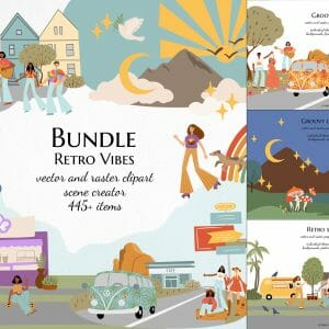 Retro vibes bundle, Groovy hippie clipart