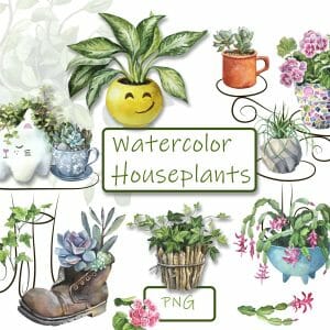 Set of hand drawn watercolor houseplants.