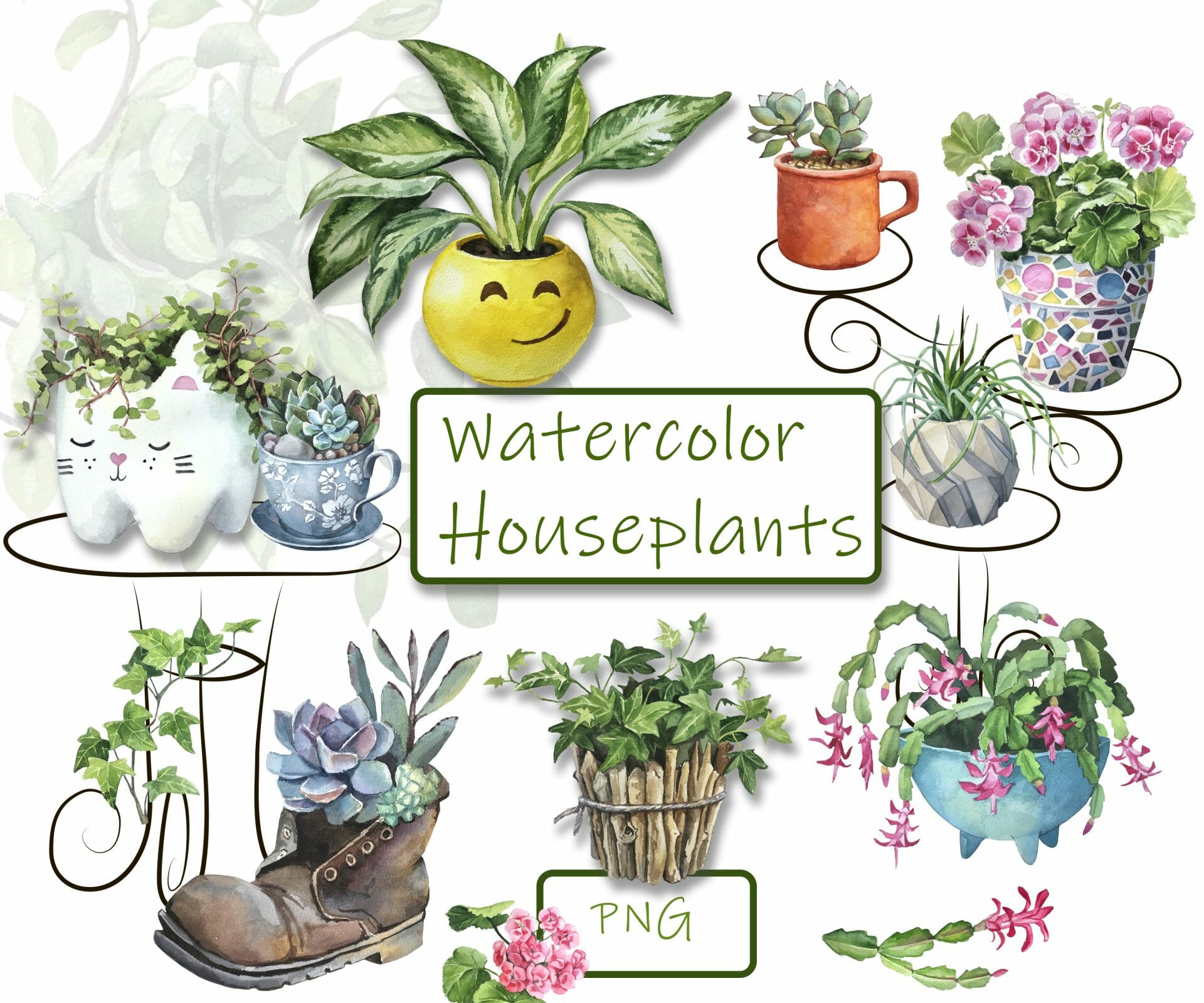 Houseplants in funny flower pots. Watercolor clipart 1 Set of hand drawn watercolor houseplants.