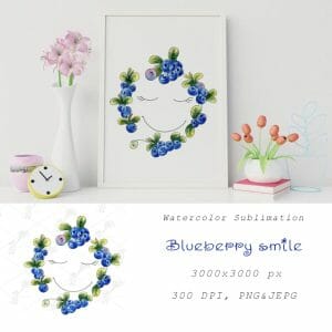 Blueberry smile Watercolor Sublimation, PNG, JPEG