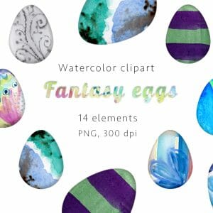 Fantasy eggs Watercolor Clipart, PNG