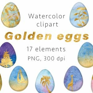 Golden eggs Watercolor Clipart, PNG