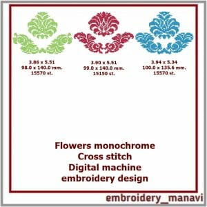 Cross stitch Embroidery design monochrome flowers.