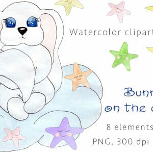 Bunny on the cloud Watercolor clipart, PNG