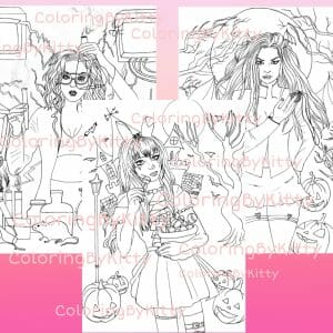 Pdf coloring book “Spooktacular girls” 15 coloring pages and 1 bonus grayscale