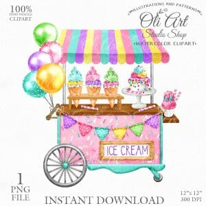 Ice cream cart. Summer. Download clipart PNG.