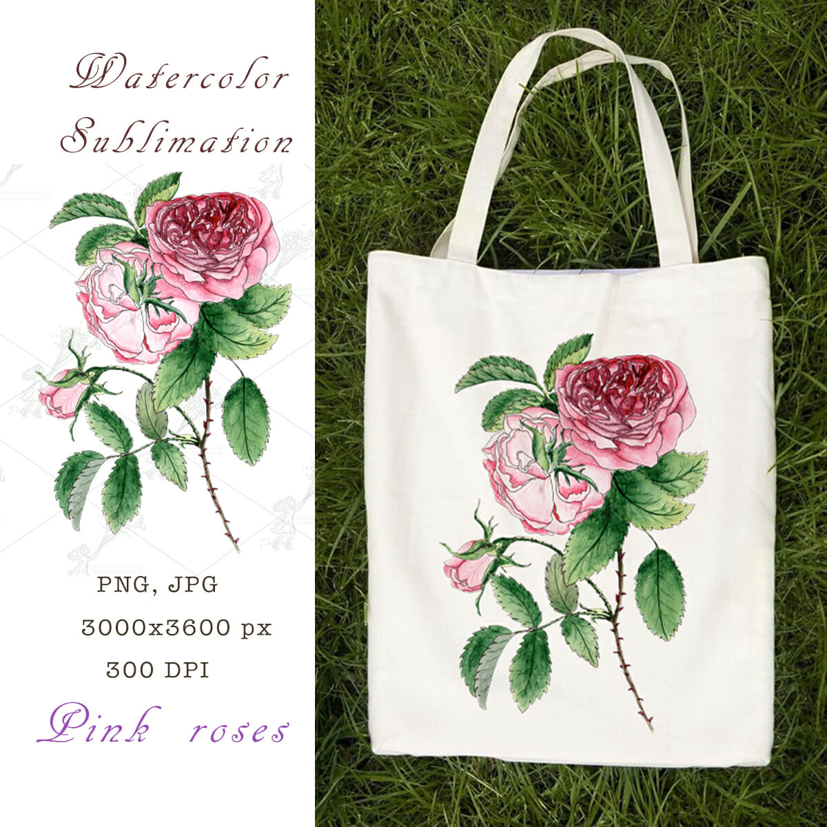 Watercolor sublimation Pink roses PNG, JPEG 1 Watercolor sublimation Pink roses PNG, JPEG