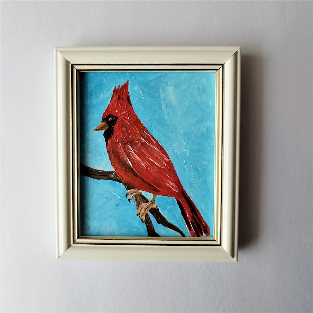 Red cardinal bird painting Mini painting Little bird art