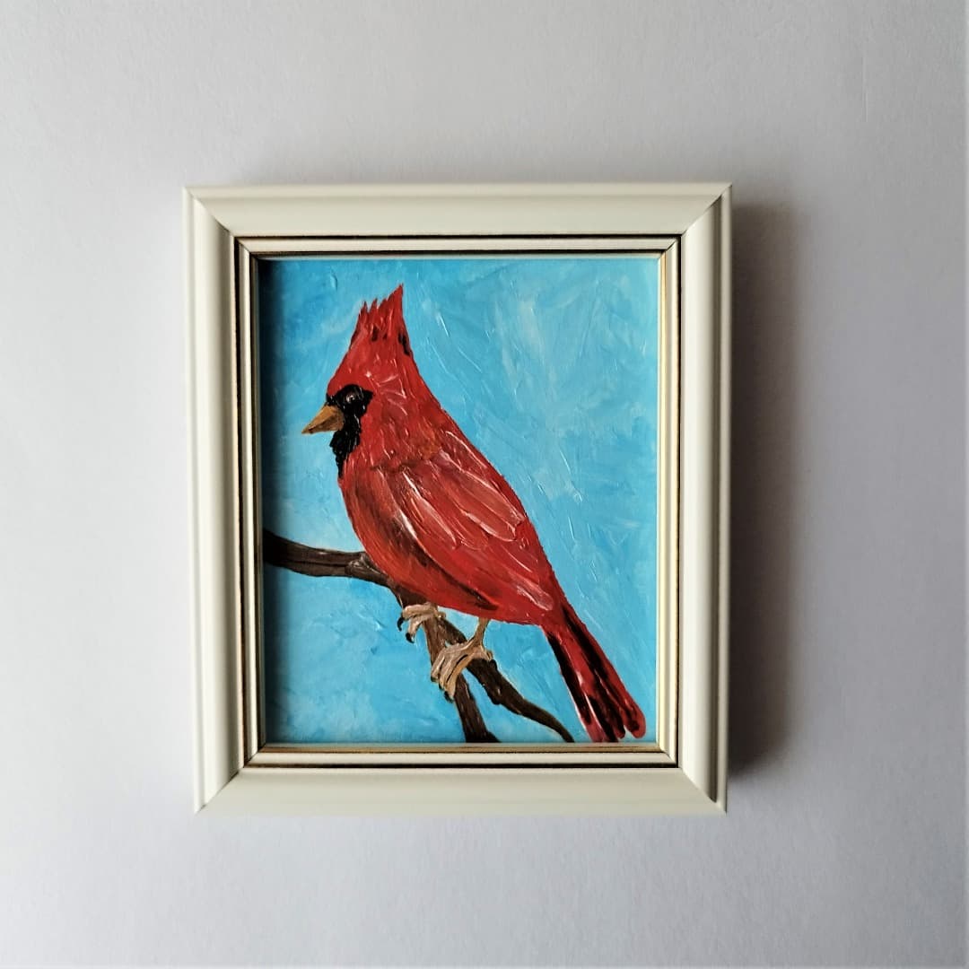 Red cardinal bird painting Mini painting Little bird art