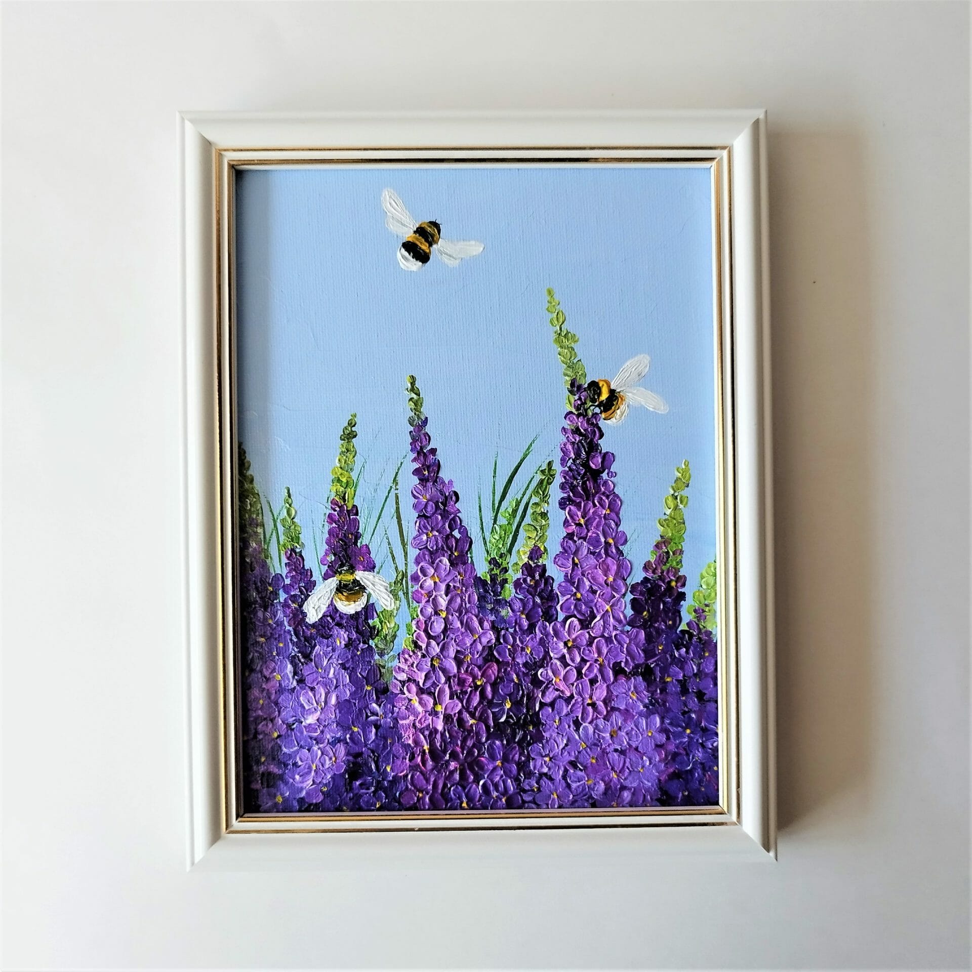 bumblebees and wildflowers acrylic painting on canvas board insect artwork