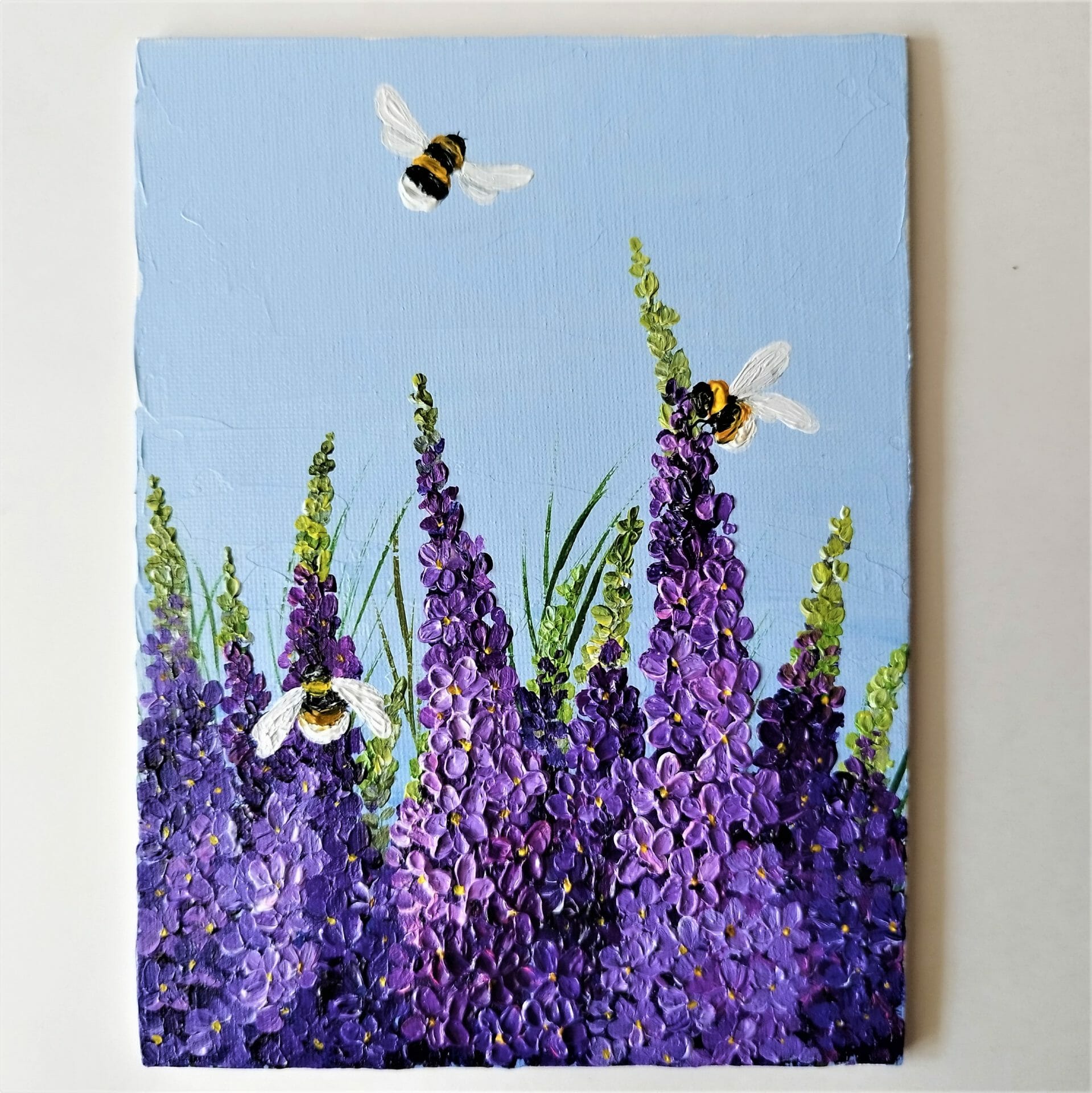 bumblebees and wildflowers acrylic painting on canvas board