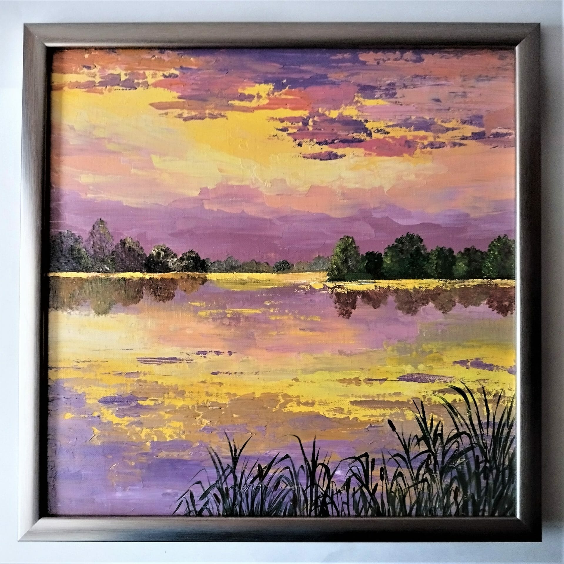 Lake sunset painting landscape impasto art