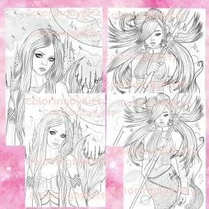 Set of 2 galaxy mermaids grayscale and line art