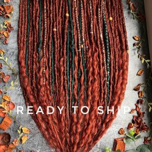 Ready to ship ginger viking dreadlocks extensions. Red and green dreads and curls