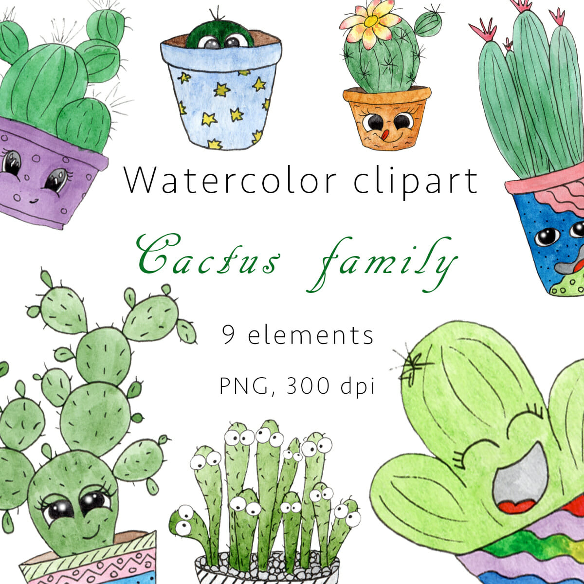 Cactus family Watercolor clipart, PNG 1 Cactus family Watercolor clipart, PNG