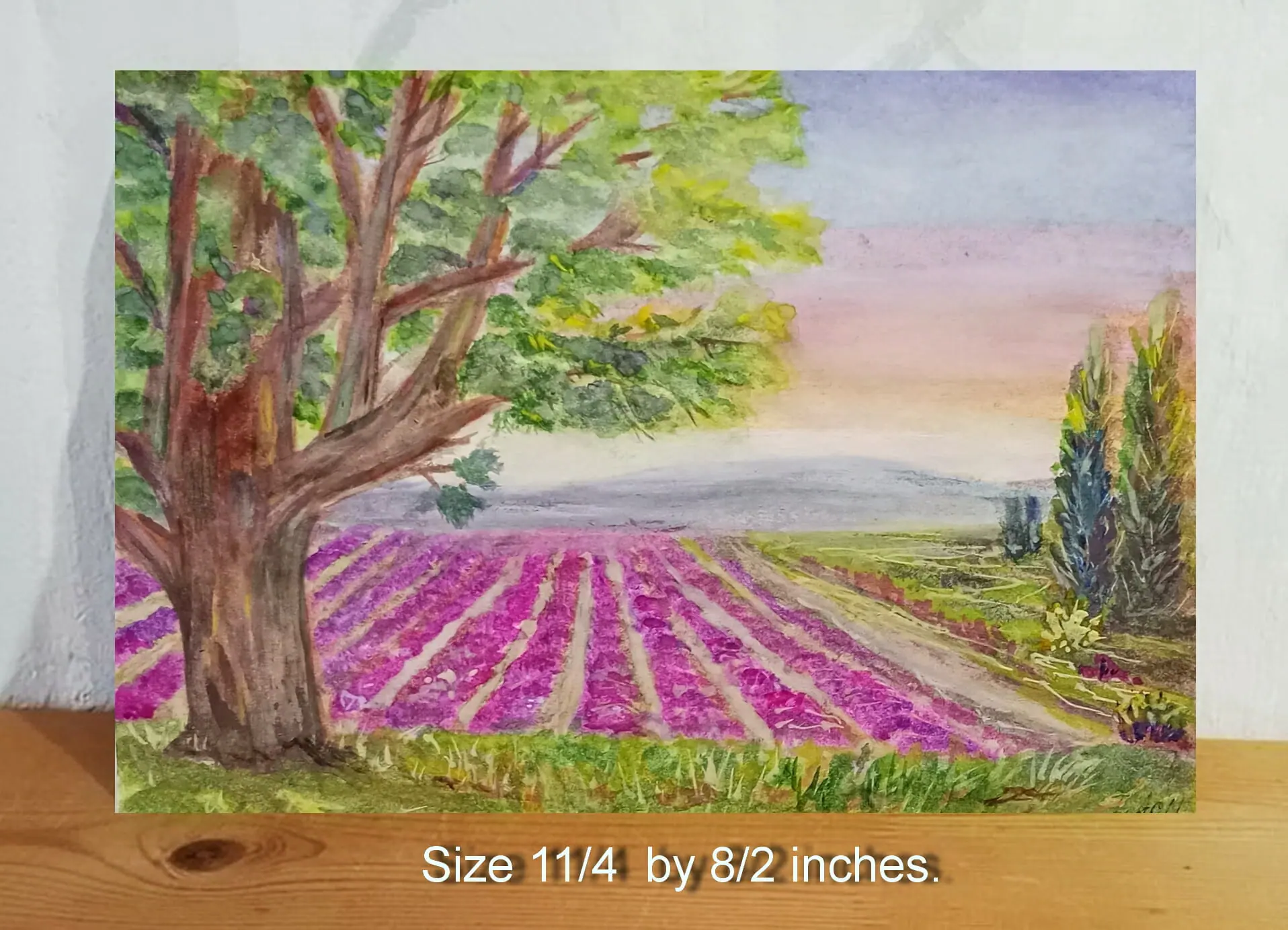 Oak Tree Painting. Lavender Field Original Watercolor