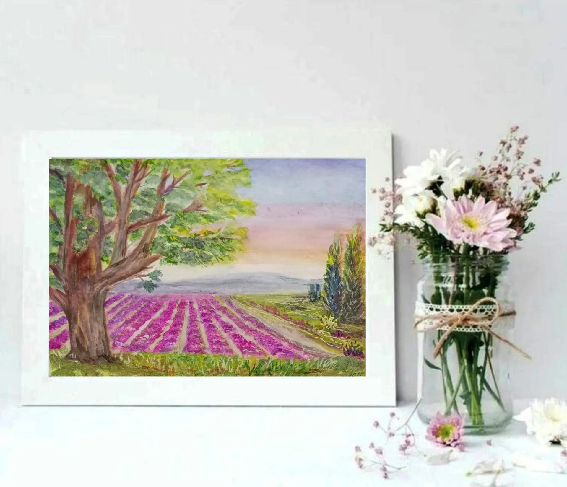 Oak Tree Painting. Lavender Field Original Watercolor