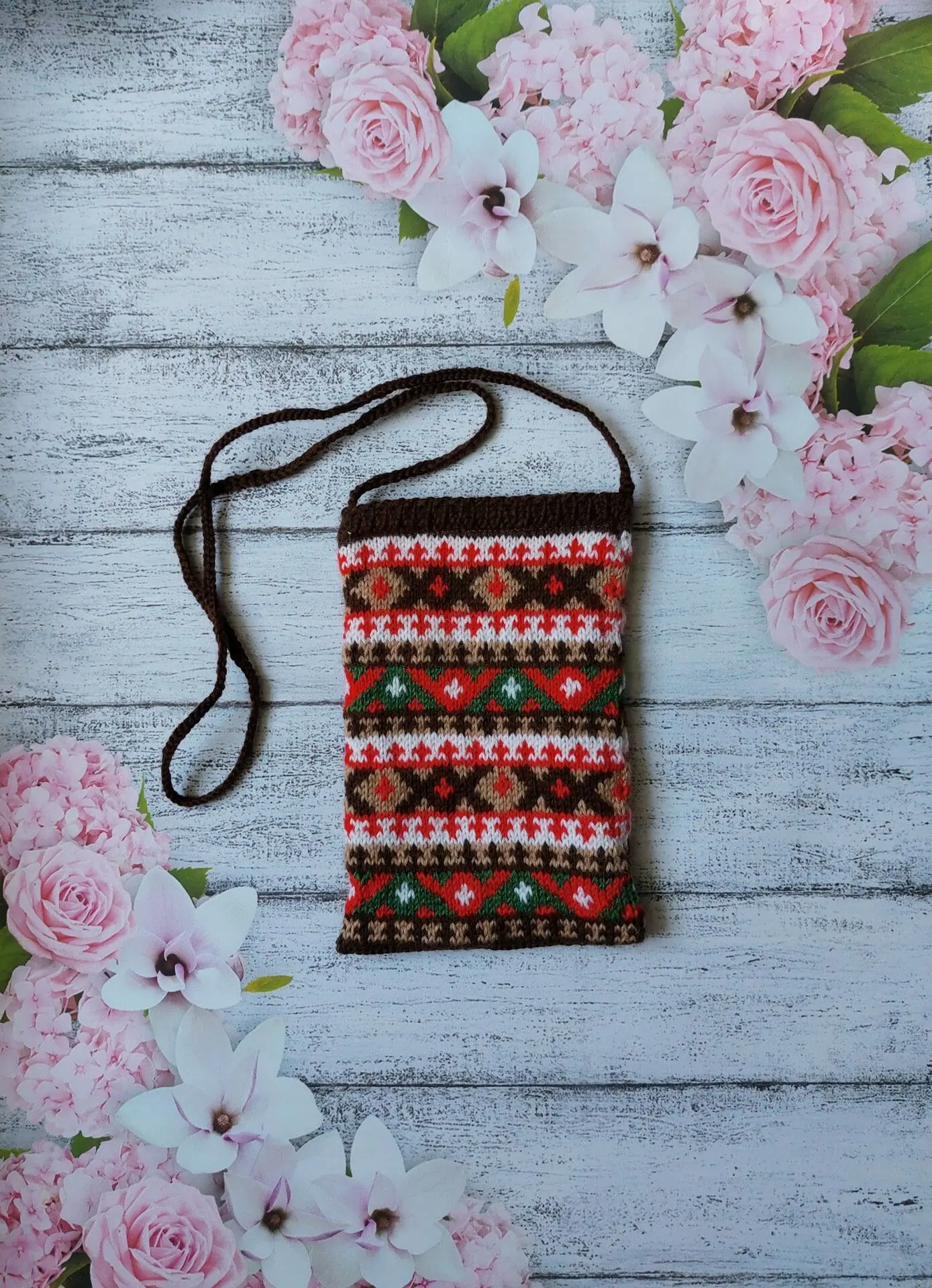 Knitted brown Phone or Document Case with Jacquard Pattern