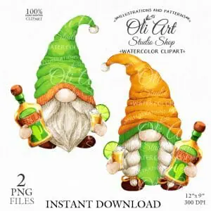 Drinking Gnomes. Tequila Gnome Clipart. Digital Clipart