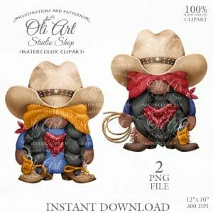 Cowboy Gnomes Clip Art, Cowboy Hat, Hand painted.