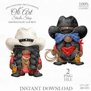 Cowboy Gnomes Clip Art, Cowboy Hat, Hand painted.
