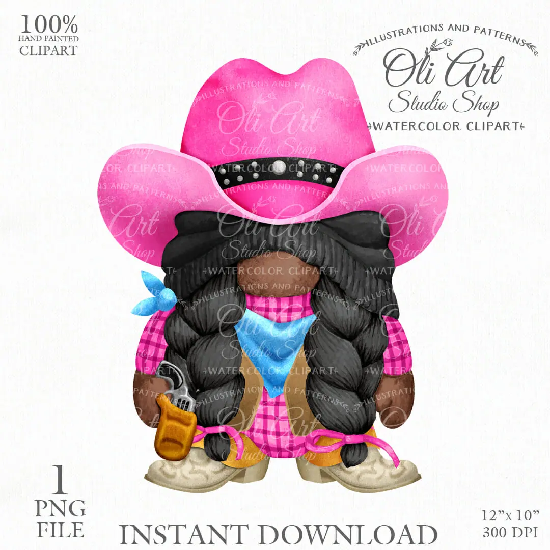 Cowboy Gnome Clip Art, Pink Cowboy Hat, Hand painted