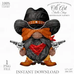 Cowboy Gnome Clip Art, Cowboy Hat, Hand painted