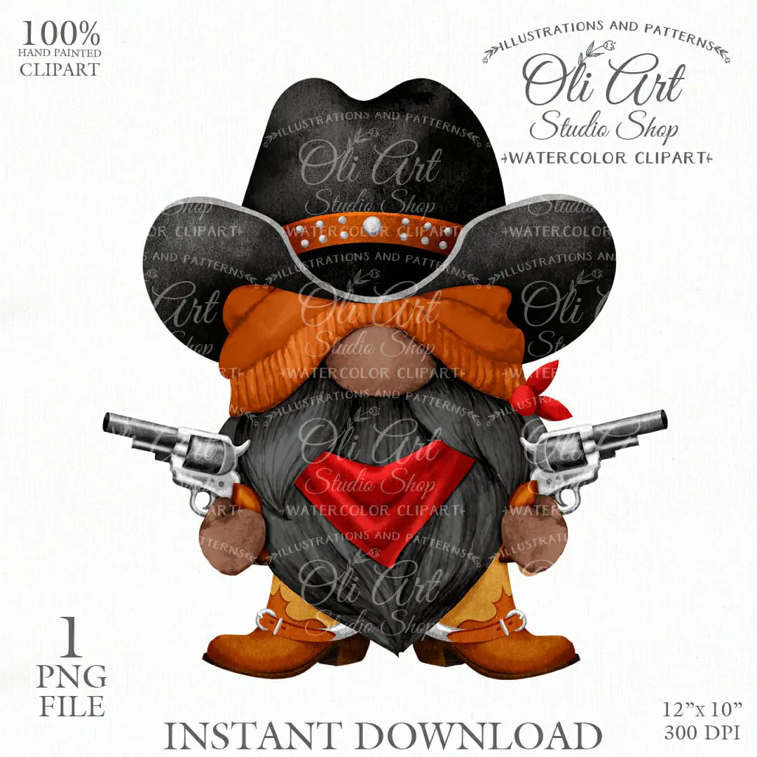 Cowboy Gnome Clip Art, Cowboy Hat, Hand painted