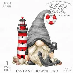 Gnome and Lighthouse Clipart. Sea Gnome. Hand Drawn
