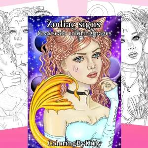 Pdf grayscale 20 coloring pages coloring book “Zodiac coloring book and galaxy girls”