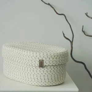 oval white rope basket with lid close