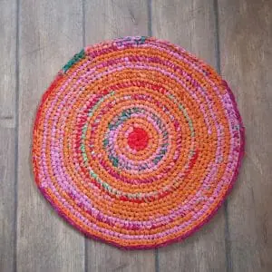 Sunny orange crochet rag rug 58 cm, upcycle design handmade round rug