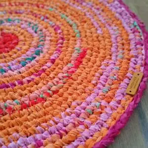 Sunny orange crochet rag rug 58 cm, upcycle design handmade round rug