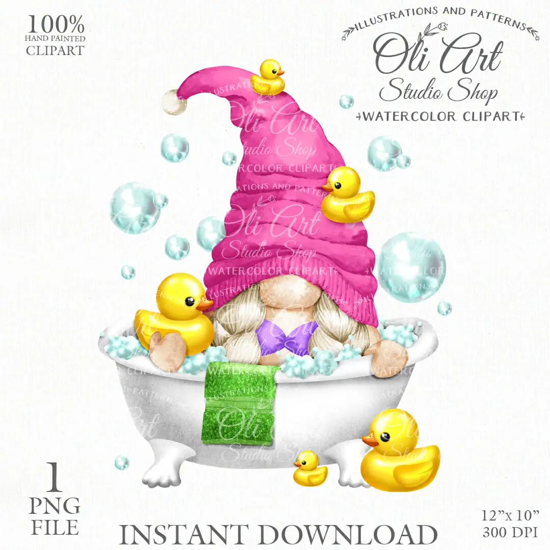 Gnome in the bathroom. Ducks, soap bubbles.