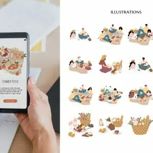 Summer picnic illustration, People in park vector clipart
