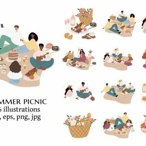 Summer picnic illustration, People in park vector clipart