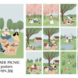 Summer picnic printable poster, Digital download cards
