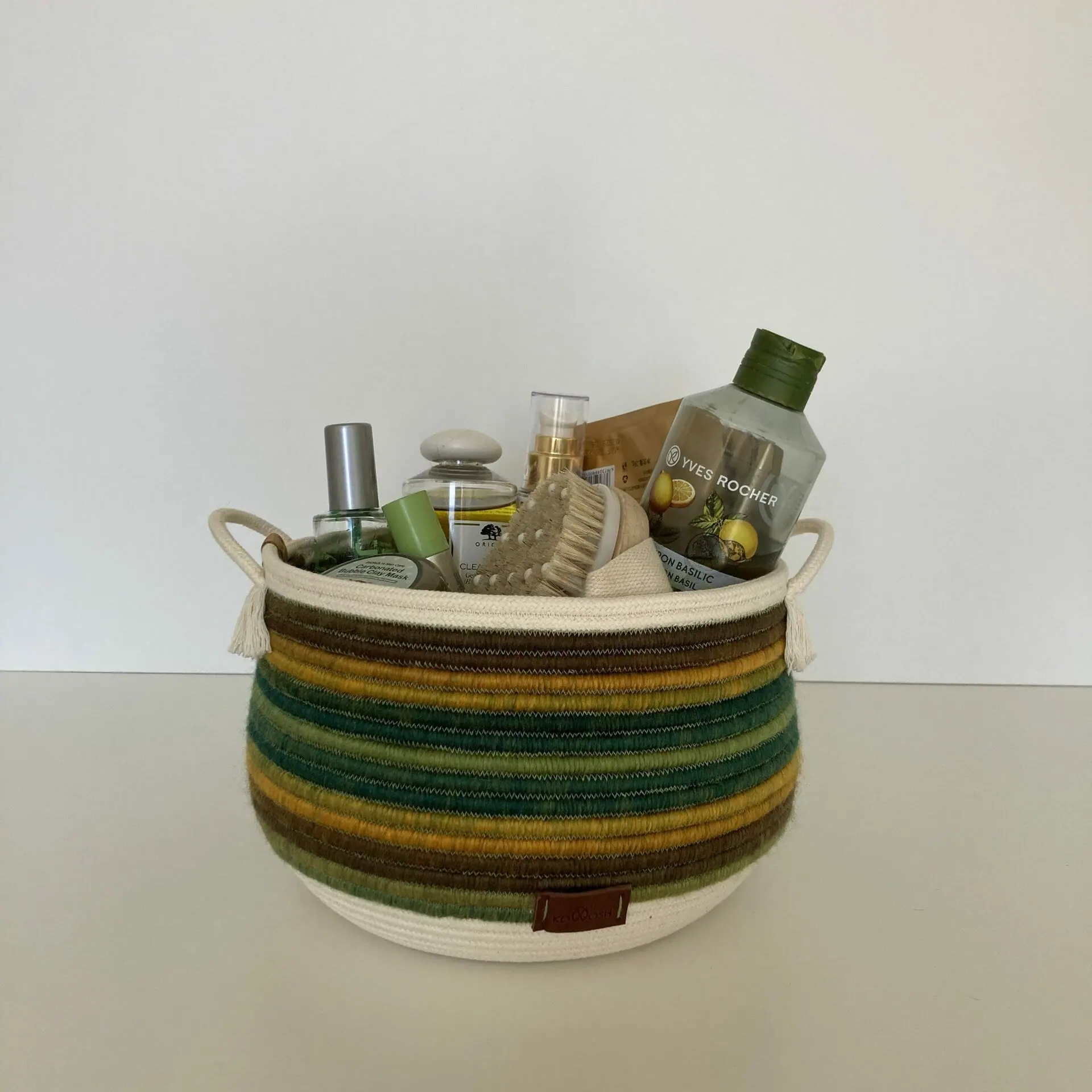 Green basket with handles 16 cm x 21.5 cm Cotton rope basket