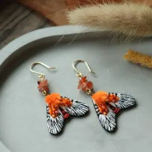Orange moth earrings with carnelian raw stones