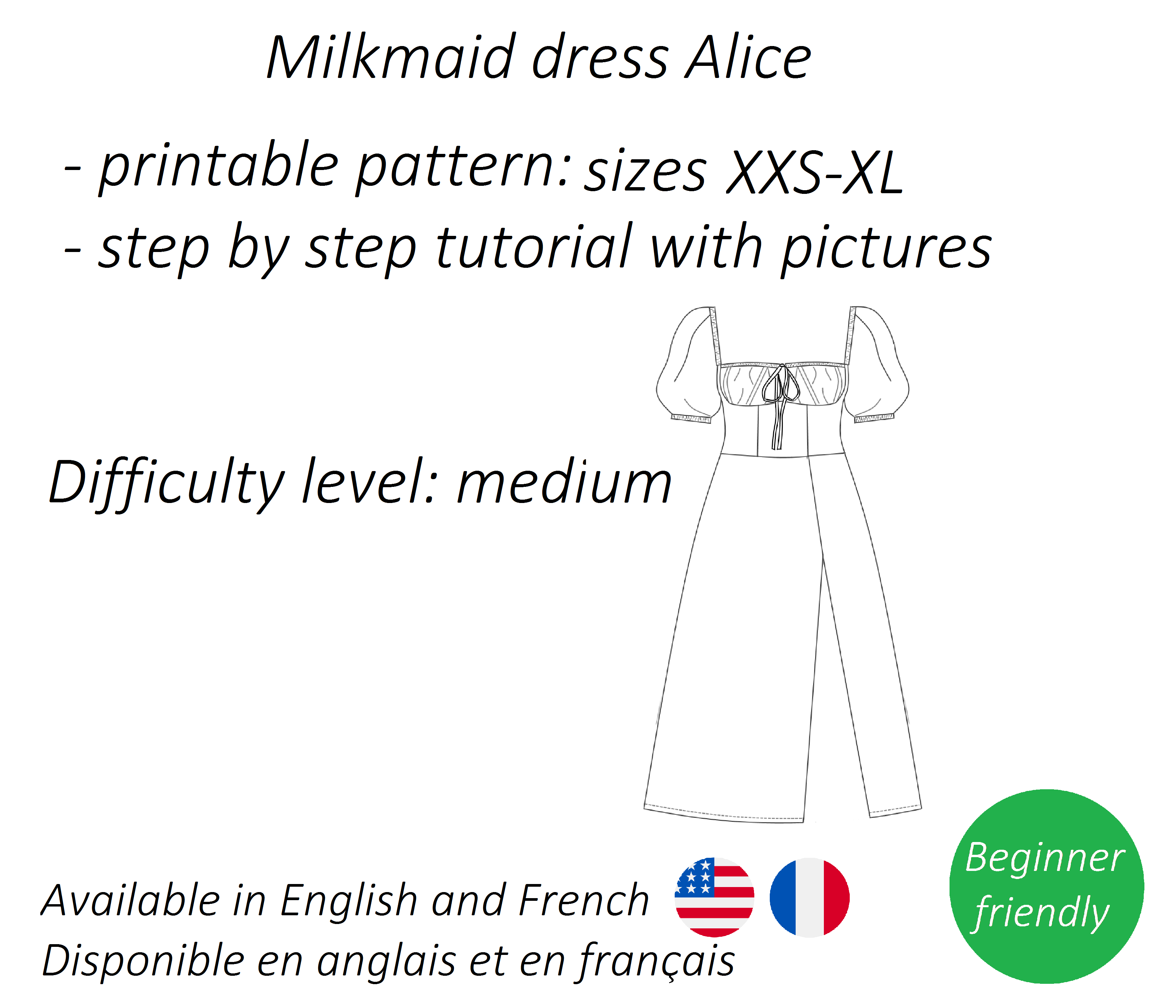 Milkmaid dress sewing pattern PDF Alice and detailed tutorial - Crealandia