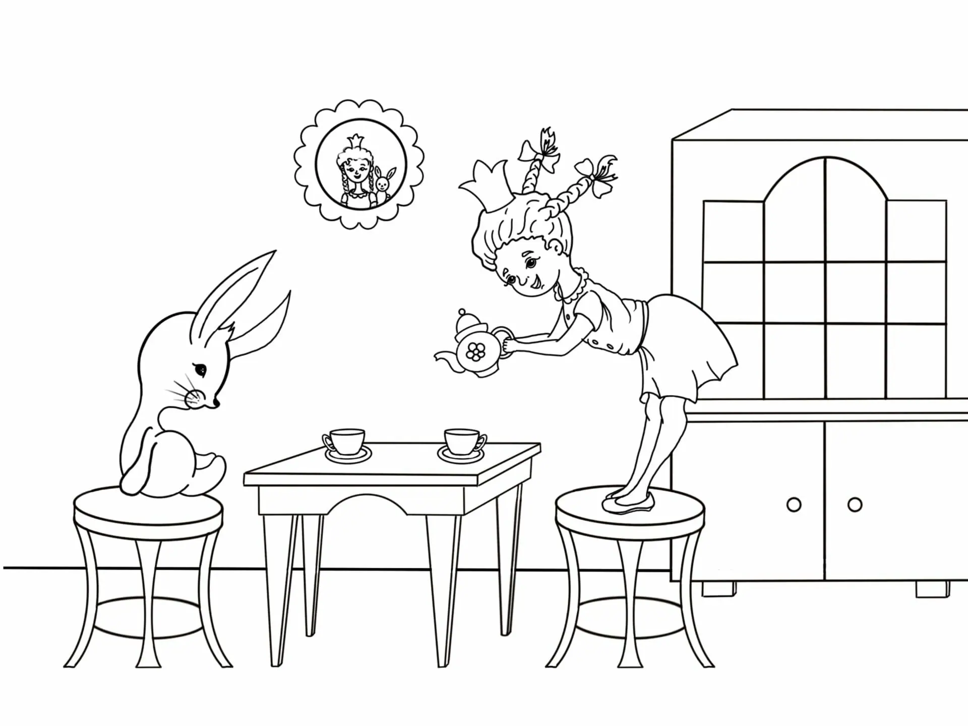 Children's coloring girl with a rabbit. 1 girl with a bunny