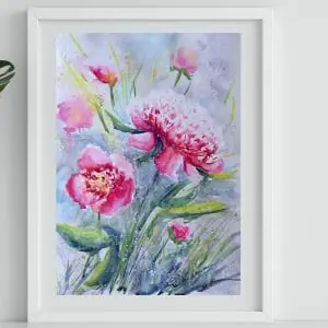 Peonies watercolor painting 12*16″ floral art Yalozik