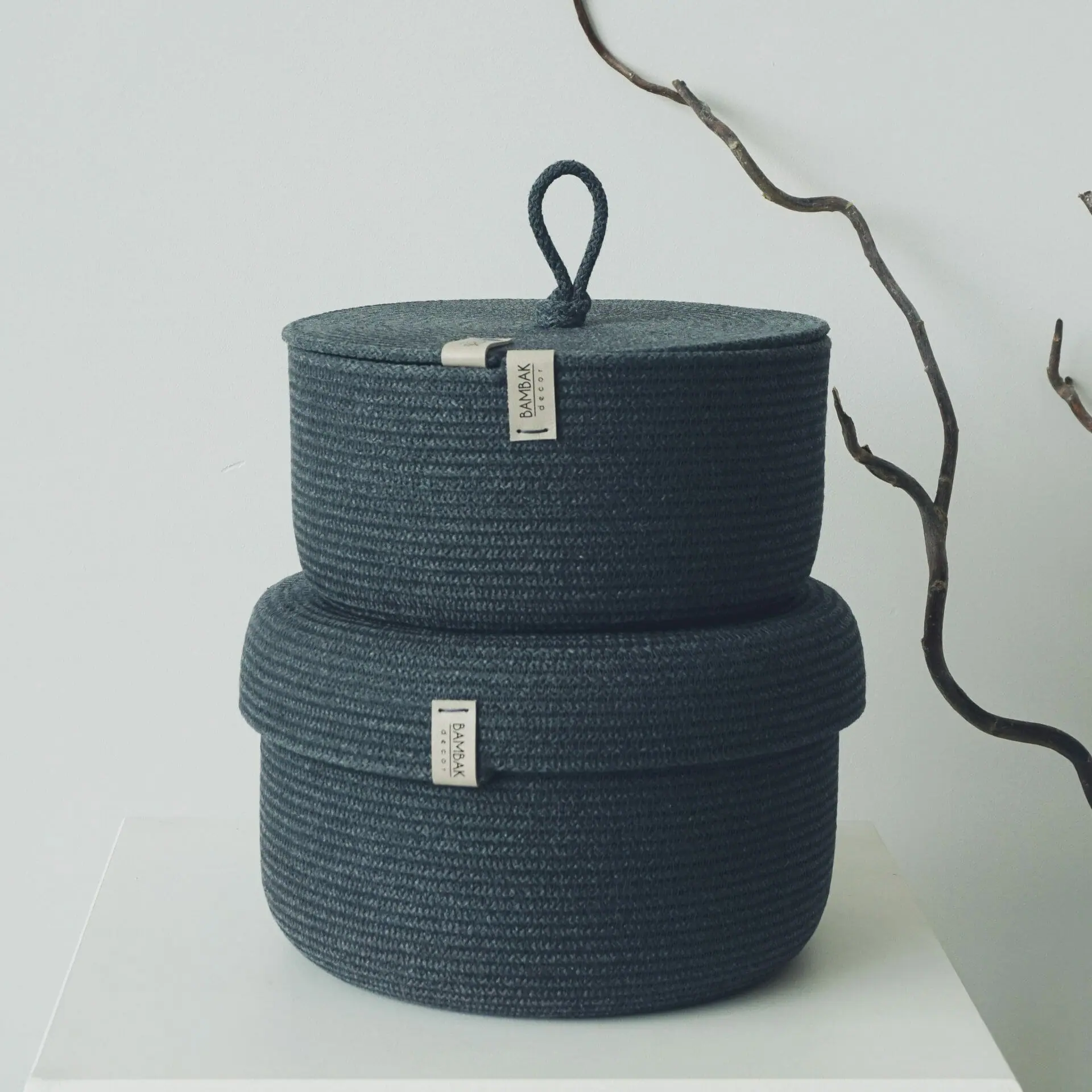 Set of two graphite rope baskets for home