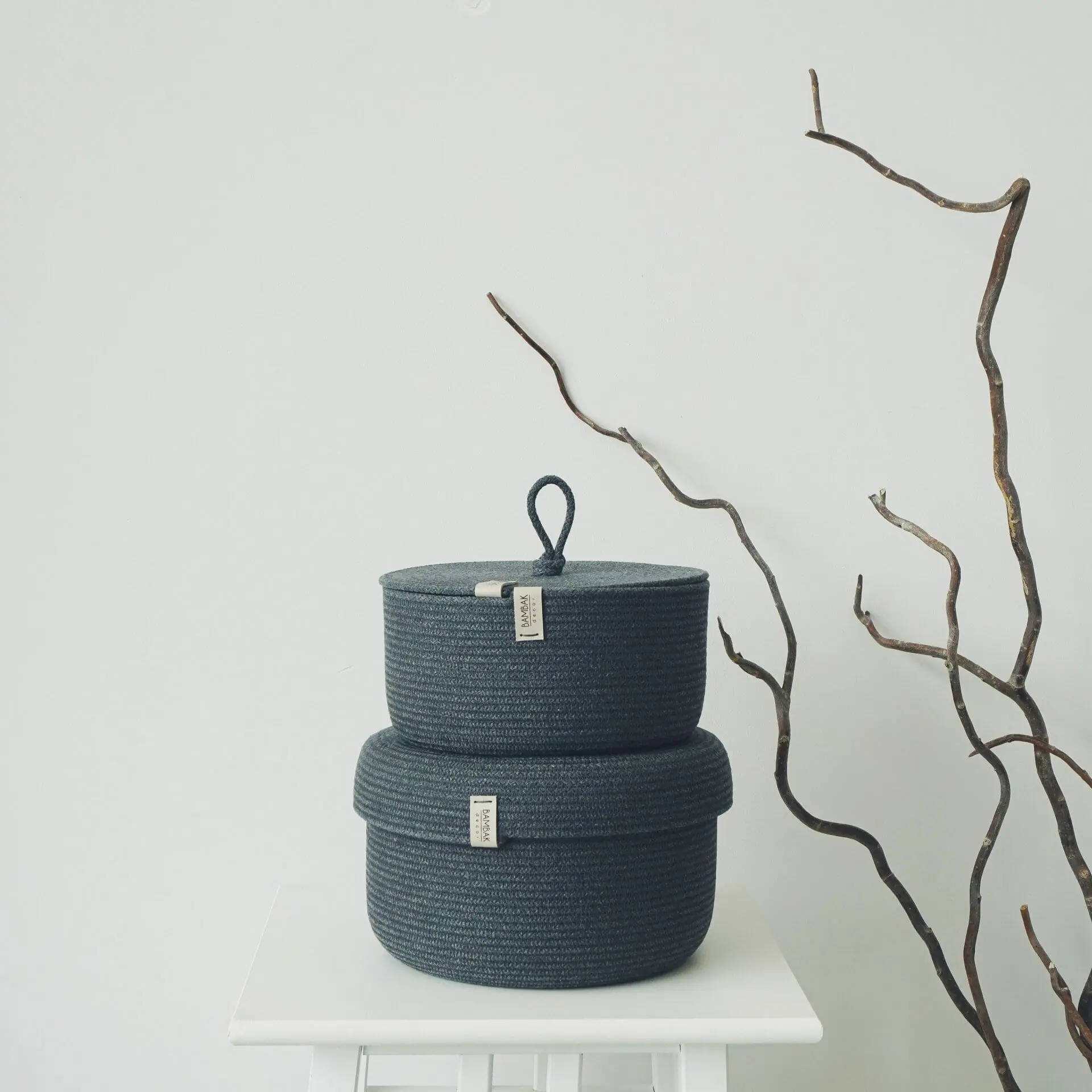 set of two handmade graphite rope baskets with lid