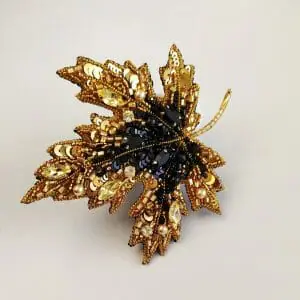 Brooch leaf maple beaded, golden leaf jewelry, classic jewelry