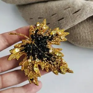 Brooch leaf maple beaded, golden leaf jewelry, classic jewelry