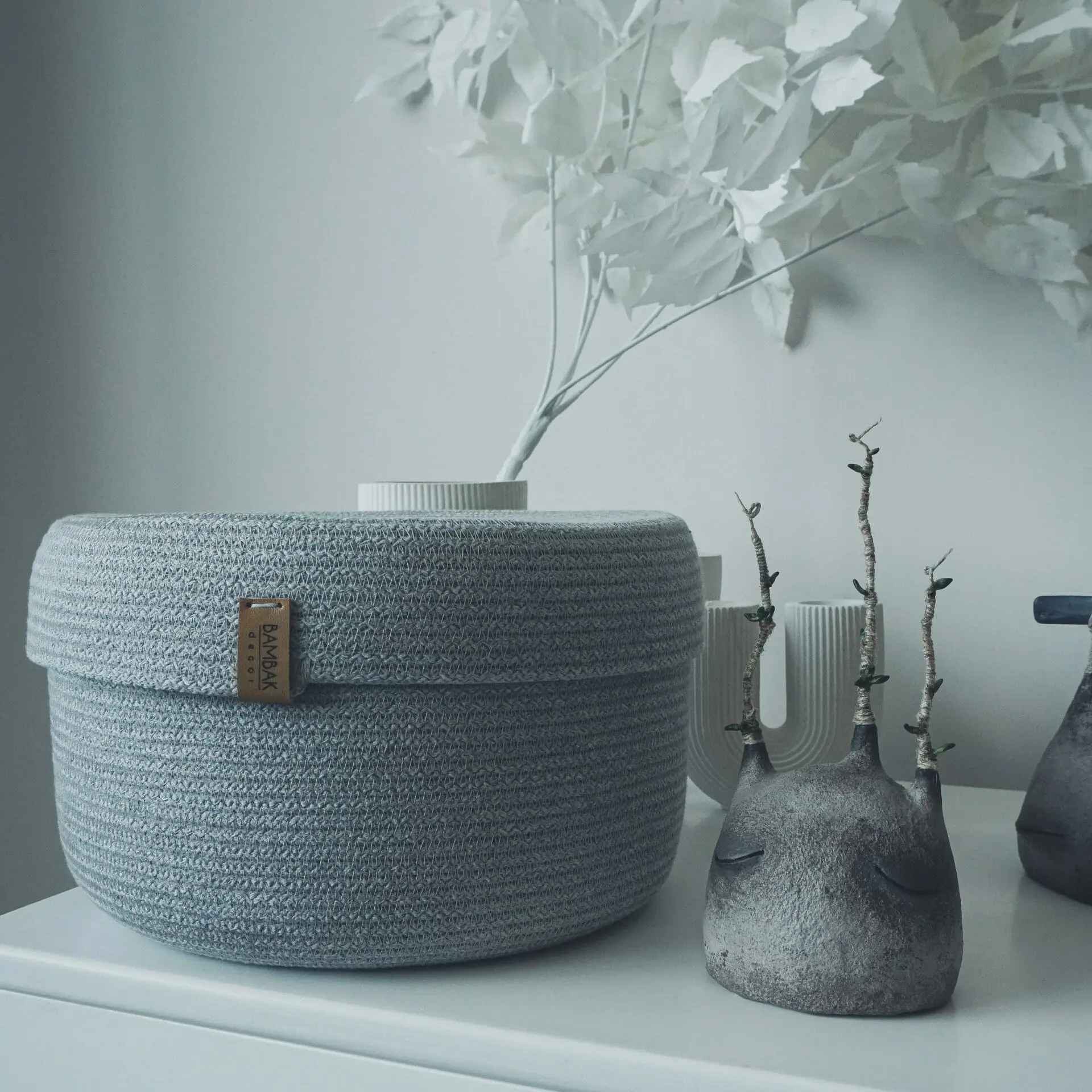 gray rope basket with classic lid interior