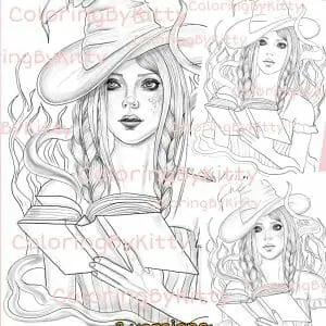 Single coloring page “Magic Spell” 3 versions: dark, light grayscale and line art