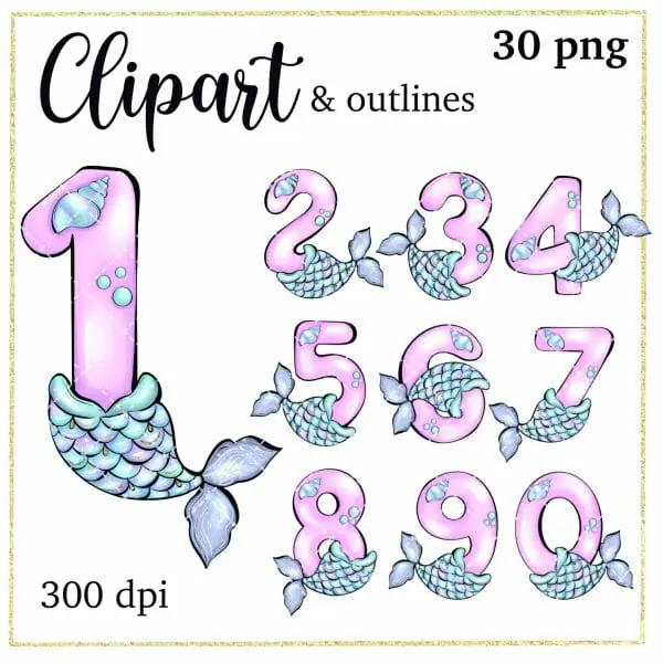 Beauty mermaid numbers clipart, birthday number clipart