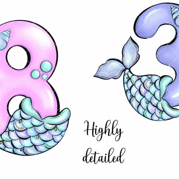 Beauty mermaid numbers clipart, birthday number clipart